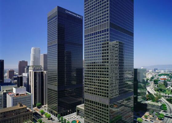 Exterior view of the City National Plaza high-rise building